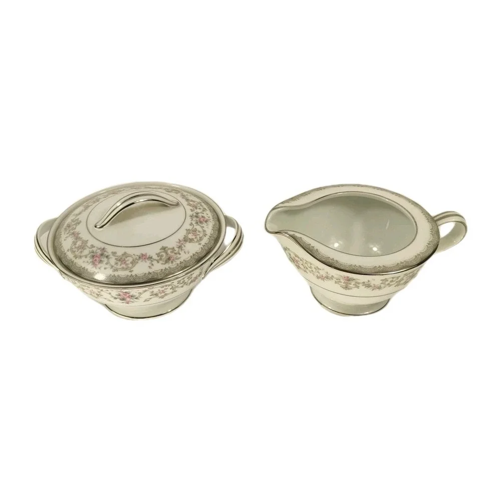Noritake China Edgewood 5807 Sugar Bowl with Lid and Creamer Set Pink‎ Roses